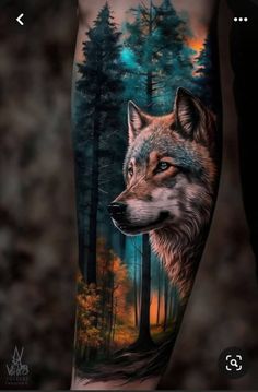 an arm tattoo with a wolf in the woods and trees on it, done by person