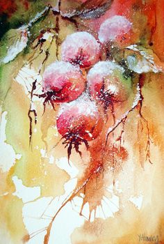 an abstract painting of apples on a branch with leaves and water droplets in the background