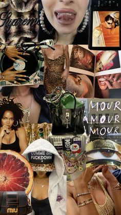 the collage has many different pictures and words on it, including an image of a woman's face