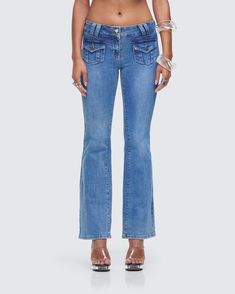 The Y2K jeans of your dreams 💅 With a low rise fit, these denim jeans are the perfect timeless pair for when you want to bring a little extra flare to the occasion 💙 Y2k Style Dark Wash Mid-rise Flare Jeans, Y2k Flare Jeans With Five Pockets, Y2k Style Denim Flare Jeans, Y2k Dark Wash Flare Jeans, Y2k Mid-rise Denim Blue Flare Jeans, Y2k Flare Denim Jeans, Y2k Dark Wash Mid-rise Flare Jeans, Y2k Style Mid-rise Dark Wash Flare Jeans, Black Off Shoulder