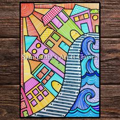 a colorful drawing on wood with the words, cityscape