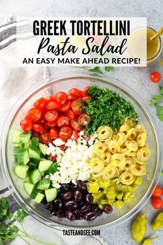 greek tortelli pasta salad in a glass bowl with the title text overlay