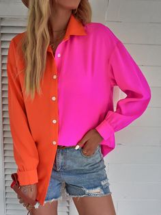 Multicolor Casual Collar Long Sleeve Polyester Colorblock Shirt Embellished Non-Stretch  Women Tops, Blouses & Tee Color Block Shirt Outfit, Colorblock Shirt, Drop Shoulder Shirt, Womens Trendy Dresses, Embroidery Blouse, Street Style Inspiration, Shein Tops, Professional Outfits, Trendy Dresses