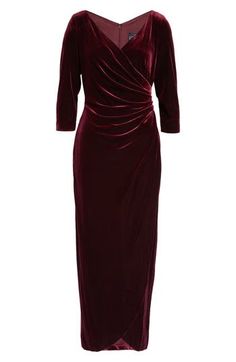 A tulip skirt brings elegant flair to this plush velvet gown framed by three-quarter sleeves. 60" length (size 6) Surplice V-neck Three-quarter sleeves Unlined 90% polyester, 10% spandex Hand wash, dry flat Imported