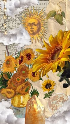 sunflowers and other flowers in vases against a background of old world maps