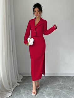 Blue Elegant Casual Women Business Suit Set Burgundy Elegant  Long Sleeve Knitted Fabric Plain  Medium Stretch  Women Clothing, size features are:Bust: ,Length: ,Sleeve Length: Women Business Suit, Rok Outfit, Womens Suits Business, Women Business, Elegant Casual, Business Suit, Suit Set, Kids Beachwear, Long Sleeve Knit