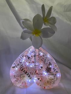 a glass vase filled with flowers and lights