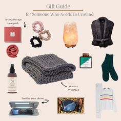 the gift guide for someone who needs to unwind is shown with accessories and items