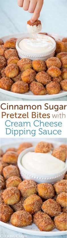 cinnamon sugar pretzel bites with cream cheese dipping sauce on the top and bottom