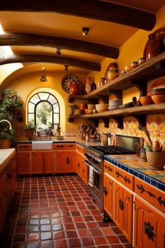 a kitchen with orange cabinets and tile flooring is pictured in this image, there are many pots on the shelves above the stove