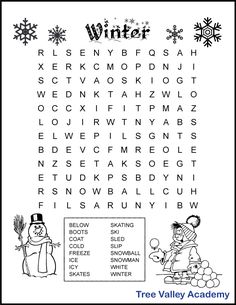 the winter word search is shown in black and white