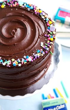 the chocolate cake has sprinkles on it