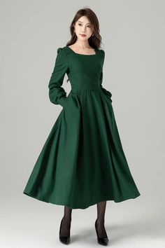 Winter Inspired Dress, Party Wear Frocks For Women, Christmas Dress Green, Witch Inspiration, Skirt For Winter, Long Winter Dresses, Winter Wool Dress, Party Wear Frocks, Frock For Women