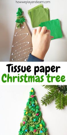 Child making tissue paper Christmas tree craft using cardboard Christmas Tree Craft, December Crafts, Ornaments Homemade, Preschool Christmas Crafts, Toddler Arts And Crafts, Tree Craft, Paper Christmas Tree, Daycare Crafts, Preschool Christmas