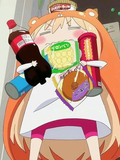 an anime character holding a bottle and some food