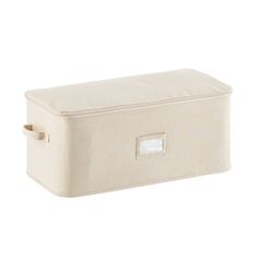 a white storage box with two handles