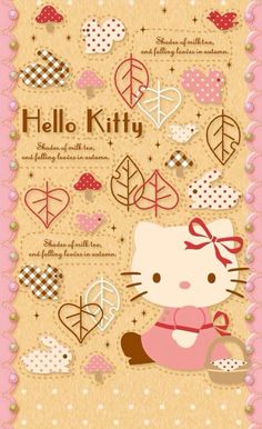 hello kitty is sitting on the ground in front of some hearts and trees with words above it