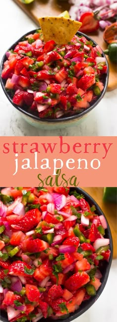 strawberry jalapeno salsa with tortilla chips and limes on the side