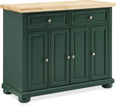 a green kitchen island with wooden top on casteors and wheels in front of a white background