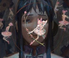 a painting of a girl with flowers in her hair and other figures around her face