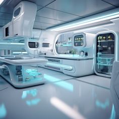 a futuristic kitchen with white appliances and blue lighting