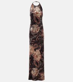 Floral halterneck velvet gown in multicoloured - Etro | Mytheresa Velvet Floral Dress, Etro Dress, Printed Gowns, Velvet Gown, Column Gown, Fashion Aesthetics, Silk Gown, Chiffon Gown, Dries Van Noten