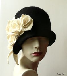 "Cloche hat, Cloche Felted Hat, felt hat, Cloche Hat, Art Hat, Black Hat, La belle epoque Art Deco 1920s hat Art Hats, Black hat cloche, 1920's hat, white roses ,Mother of the bride, Black and white hat, Womans wool hat, Hats&Caps Accessories Handmade Great, very flattering black hat with white roses! Adapts to the head ! Special and unique ! Sophisticated and elegant ! I can make this hat in other colors and sizes. Made just for you As the base for my works I use great materials like highes Elegant Felt Mini Hat With Short Brim, Elegant Cloche Costume Hat For Winter, Victorian Cloche Hat For Evening, Elegant Wool Mini Hats, Black Winter Wedding Hat, Black Wedding Hat For Winter, Elegant Handmade Felt Hat For Kentucky Derby, Elegant Handmade Felt Hat With Short Brim, Elegant Adjustable Felt Top Hat