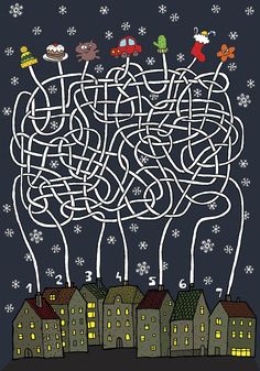 a maze game with houses and cars in the snow