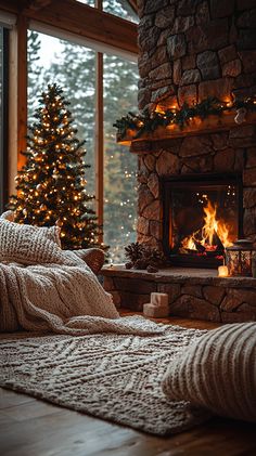 a living room filled with furniture and a fire place in front of a window covered in christmas lights