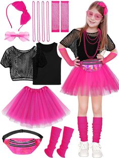 PRICES MAY VARY. Girls 80s Outfit Accessories Set: Our girls' 80s outfit accessories set contains 1 fishnet T-shirt, 1 sleeveless tank top, 1 tutu skirt, 1 bow hairband, 1 fanny pack, 4 bead necklaces, 1 pair of heart-shaped glasses, 1 pair of fishnet gloves, and 1 pair of leg warmers, a total of 12 pieces to satisfy girl's demands of 80s cosplay outfits. Fancy Style: With its captivating hot pink as the main color, the girls 80s outfit accessories set exudes vibrancy, playfulness, and a sense o Old Halloween Costumes, 1980s Party, 80s Clothes, Fishnet Gloves, Bow Hairband, 80s Outfit, Retro Party, Bead Necklaces, Spirit Week