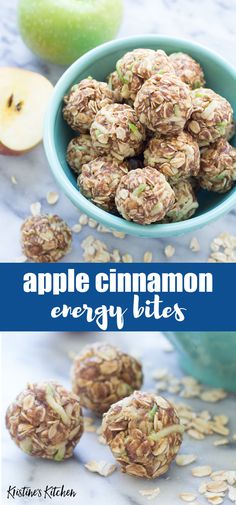 apple cinnamon energy bites in a blue bowl next to an apple and oatmeal