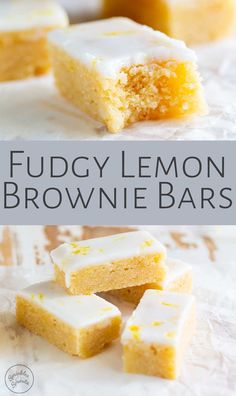 fudgy lemon brownie bars with white frosting on top