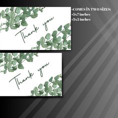 two thank cards with green leaves on them