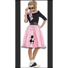 a woman wearing a pink poodle skirt and black top