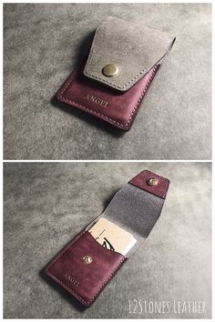 two pictures of a wallet with buttons on the front and one in the back side