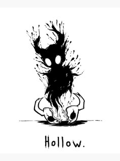 a black and white drawing of a person sitting in front of a fire with the words hollow on it