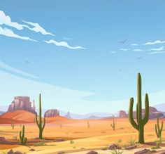 a desert scene with cactus trees and mountains in the background stock illustration - getty