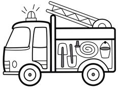 a fire truck with tools on the front and back side, outlined in black and white