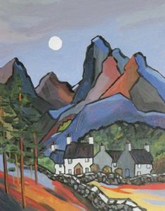 a painting of mountains with houses and trees in the foreground, under a full moon