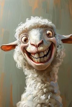 a painting of a smiling sheep with curly hair