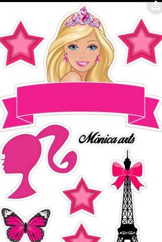 barbie doll with pink hair and stars around her head, in front of the eiffel tower