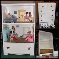 the dollhouse is being displayed before and after it was painted