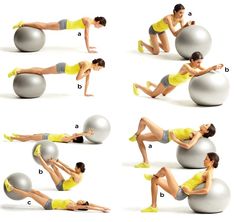 a woman is doing exercises on an exercise ball with her arms and legs bent up