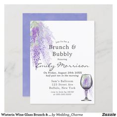 the brunch and bubbly wedding card is shown with a glass of wine