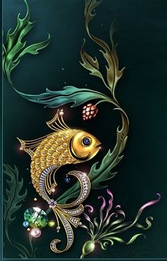 a gold fish with green leaves and flowers on it's side, in front of a dark background