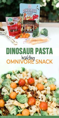 broccoli, cauliflower and other vegetables are shown with the title dinosaur pasta healthy omnivore snack