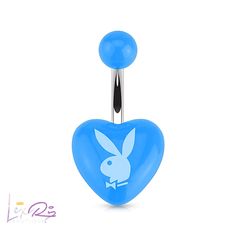 a blue heart shaped glass belly ring with a rabbit on it's back end