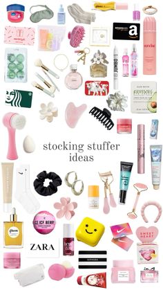 a collage of various items that include lipstick, hairbrushes and other things