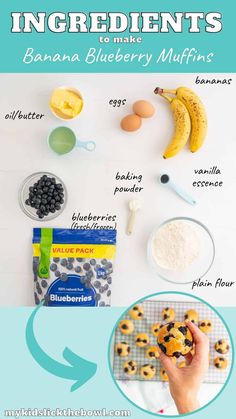 ingredients to make banana blueberry muffins on a baking sheet with text overlay