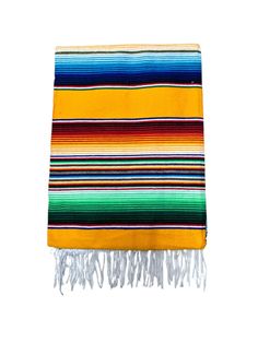 a multicolored blanket with fringes on it